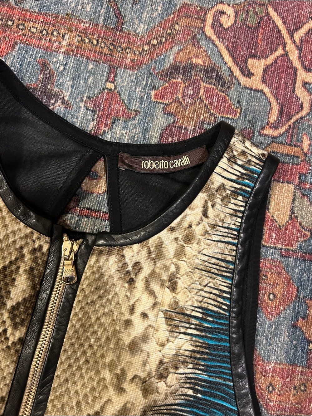 Roberto Cavalli Sleeveless Mini Dress in Blue & Gold Snake Print - Picture 2 of 8